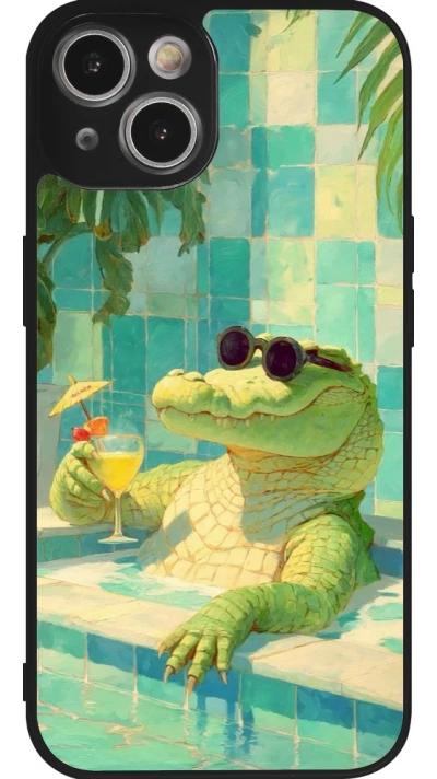 Coque iPhone 14 - Silicone rigide noir Crocodile in the swimming pool Summer 2026