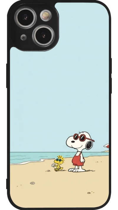 Coque iPhone 14 - Silicone rigide noir Snoopy on the beach Summer 2026