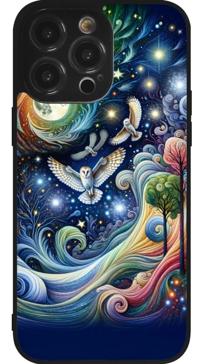 Coque iPhone 14 Pro Max - Silicone rigide noir hibou volant floral
