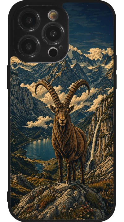 Coque iPhone 14 Pro Max - Silicone rigide noir Linocut Bouquetin
