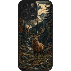 iPhone 14 Pro Max Case Hülle - Silikon schwarz Linocut Reh