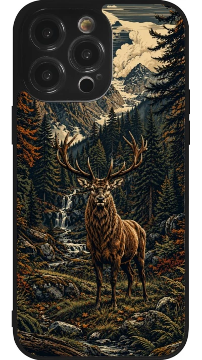 Coque iPhone 14 Pro Max - Silicone rigide noir Linocut Cerf