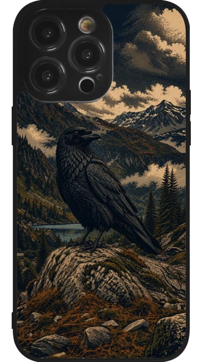 Coque iPhone 14 Pro Max - Silicone rigide noir Linocut Grand Corbeau
