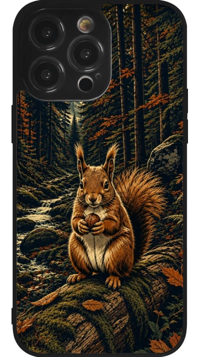 Coque iPhone 14 Pro Max - Silicone rigide noir Linocut Ecureuil