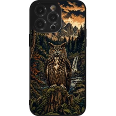 Coque iPhone 14 Pro Max - Silicone rigide noir Linocut Grand-Duc