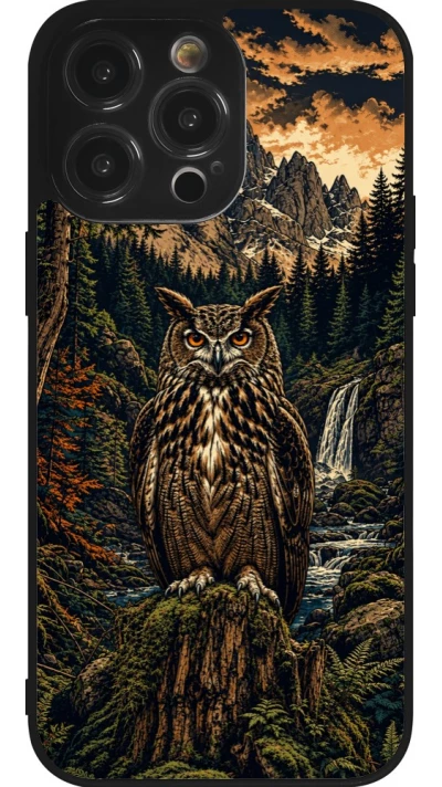Coque iPhone 14 Pro Max - Silicone rigide noir Linocut Grand-Duc