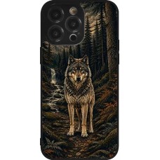 Coque iPhone 14 Pro Max - Silicone rigide noir Linocut Loup