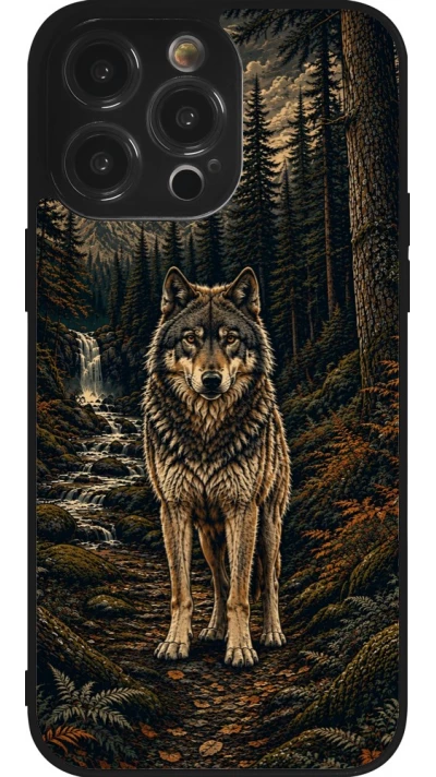 Coque iPhone 14 Pro Max - Silicone rigide noir Linocut Loup