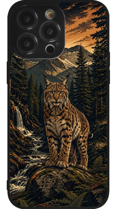 Coque iPhone 14 Pro Max - Silicone rigide noir Linocut Lynx