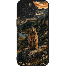 Coque iPhone 14 Pro Max - Silicone rigide noir Linocut Marmotte