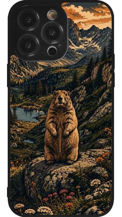 Coque iPhone 14 Pro Max - Silicone rigide noir Linocut Marmotte