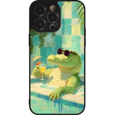 Coque iPhone 14 Pro Max - Silicone rigide noir Crocodile in the swimming pool Summer 2026