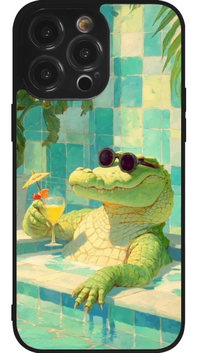 Coque iPhone 14 Pro Max - Silicone rigide noir Crocodile in the swimming pool Summer 2026
