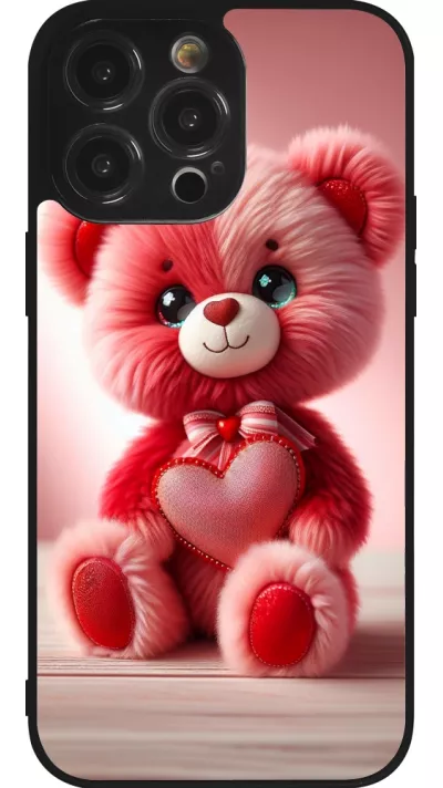 Coque iPhone 14 Pro Max - Silicone rigide noir Valentine 2024 Ourson rose