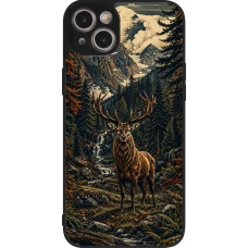 Coque iPhone 14 Plus - Silicone rigide noir Linocut Cerf