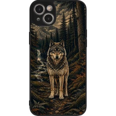 Coque iPhone 14 Plus - Silicone rigide noir Linocut Loup