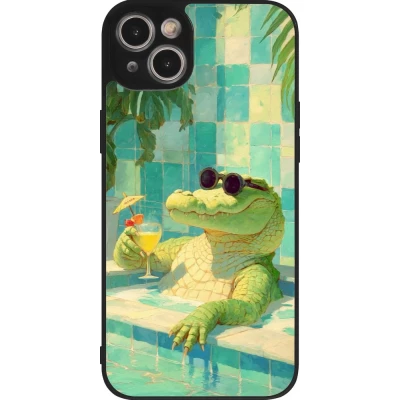 Coque iPhone 14 Plus - Silicone rigide noir Crocodile in the swimming pool Summer 2026