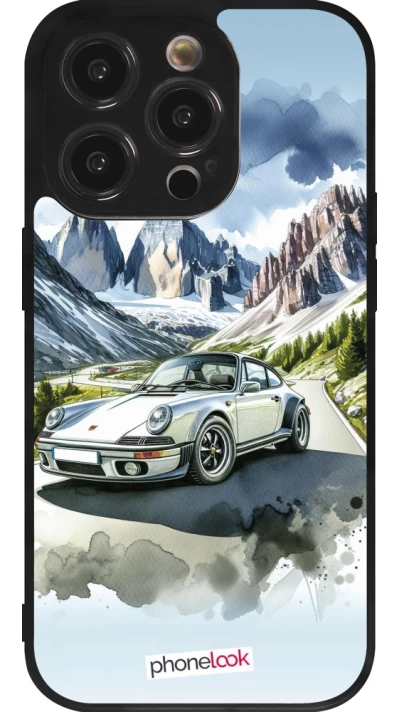 Coque iPhone 14 Pro - Silicone rigide noir Porsche 911 Mountain Watercolor