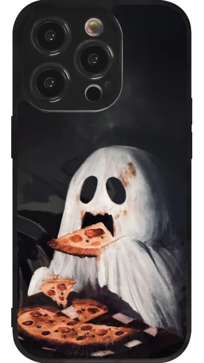 Coque iPhone 14 Pro - Silicone rigide noir Halloween 2026 Ghost eating pizza