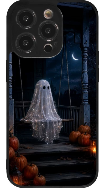 Coque iPhone 14 Pro - Silicone rigide noir Halloween 2026 Ghost on a swing