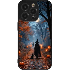 Coque iPhone 14 Pro - Silicone rigide noir Halloween 2026 Witch with a cat
