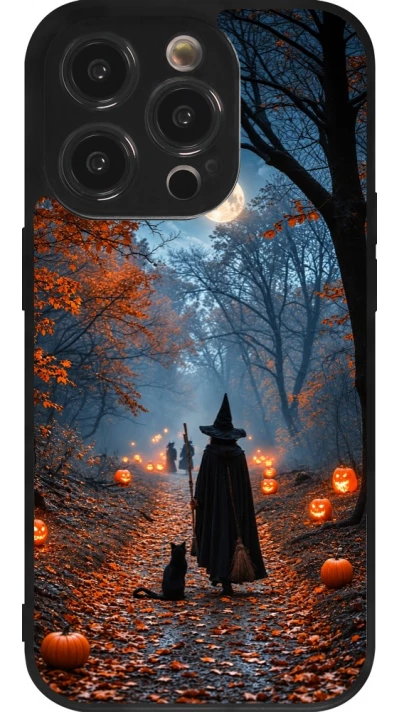 Coque iPhone 14 Pro - Silicone rigide noir Halloween 2026 Witch with a cat