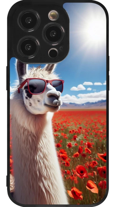 Coque iPhone 14 Pro - Silicone rigide noir Lama Chic en Coquelicot