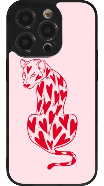 Coque iPhone 14 Pro - Silicone rigide noir Leopard with hearts 2026