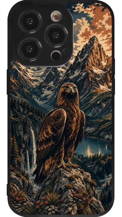 Coque iPhone 14 Pro - Silicone rigide noir Linocut Aigle Royal