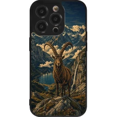 Coque iPhone 14 Pro - Silicone rigide noir Linocut Bouquetin