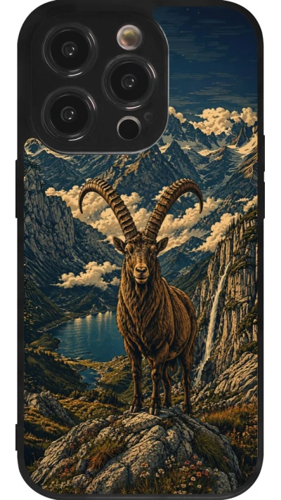 Coque iPhone 14 Pro - Silicone rigide noir Linocut Bouquetin