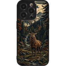 Coque iPhone 14 Pro - Silicone rigide noir Linocut Cerf