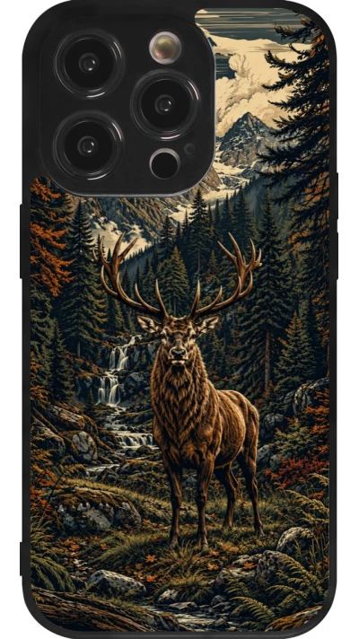 Coque iPhone 14 Pro - Silicone rigide noir Linocut Cerf