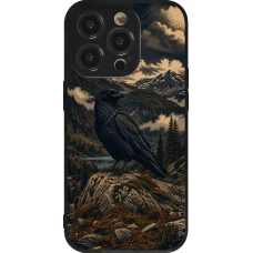 Coque iPhone 14 Pro - Silicone rigide noir Linocut Grand Corbeau