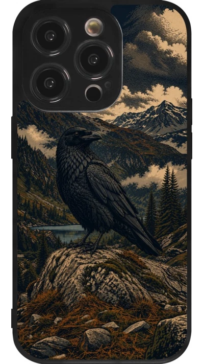Coque iPhone 14 Pro - Silicone rigide noir Linocut Grand Corbeau
