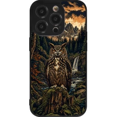 Coque iPhone 14 Pro - Silicone rigide noir Linocut Grand-Duc