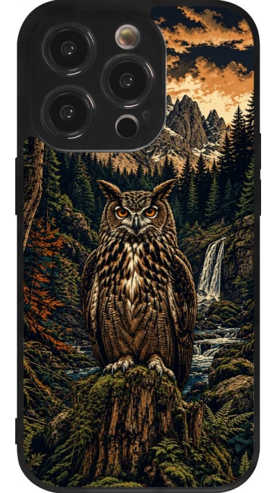 Coque iPhone 14 Pro - Silicone rigide noir Linocut Grand-Duc
