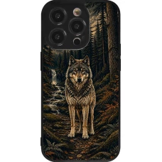 Coque iPhone 14 Pro - Silicone rigide noir Linocut Loup