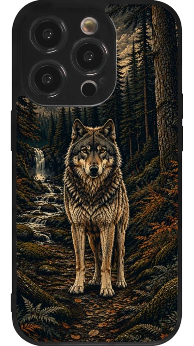 Coque iPhone 14 Pro - Silicone rigide noir Linocut Loup