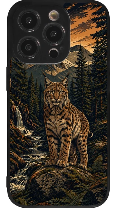 Coque iPhone 14 Pro - Silicone rigide noir Linocut Lynx