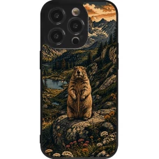Coque iPhone 14 Pro - Silicone rigide noir Linocut Marmotte