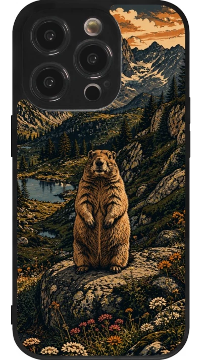 Coque iPhone 14 Pro - Silicone rigide noir Linocut Marmotte