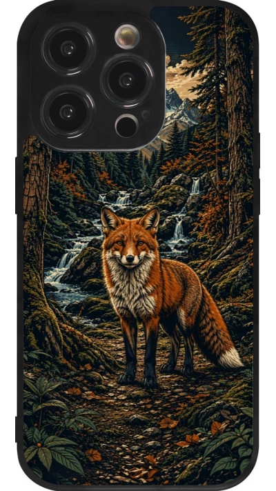 Coque iPhone 14 Pro - Silicone rigide noir Linocut Renard