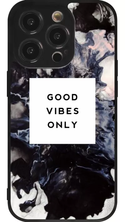 Coque iPhone 14 Pro - Silicone rigide noir Marble Good Vibes Only