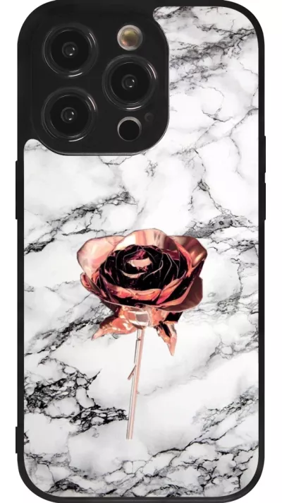 Coque iPhone 14 Pro - Silicone rigide noir Marble Rose Gold