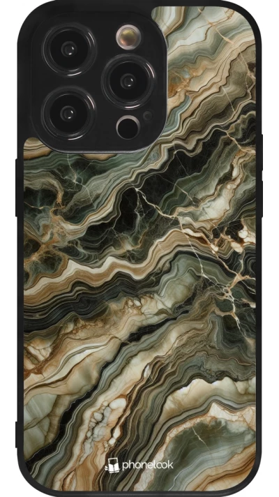 Coque iPhone 14 Pro - Silicone rigide noir Marbre Olive