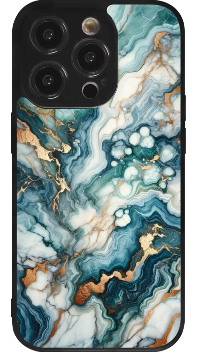 Coque iPhone 14 Pro - Silicone rigide noir Marbre Vert Bleu Doré