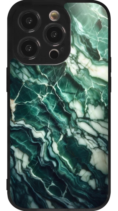 Coque iPhone 14 Pro - Silicone rigide noir Marbre vert majestueux