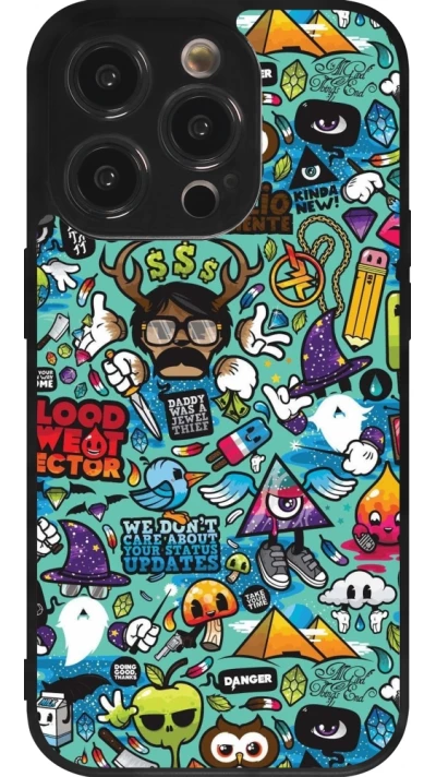 Coque iPhone 14 Pro - Silicone rigide noir Mixed Cartoons Turquoise