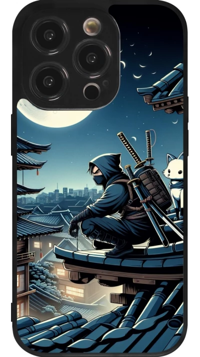 Coque iPhone 14 Pro - Silicone rigide noir Ninja sous la lune
